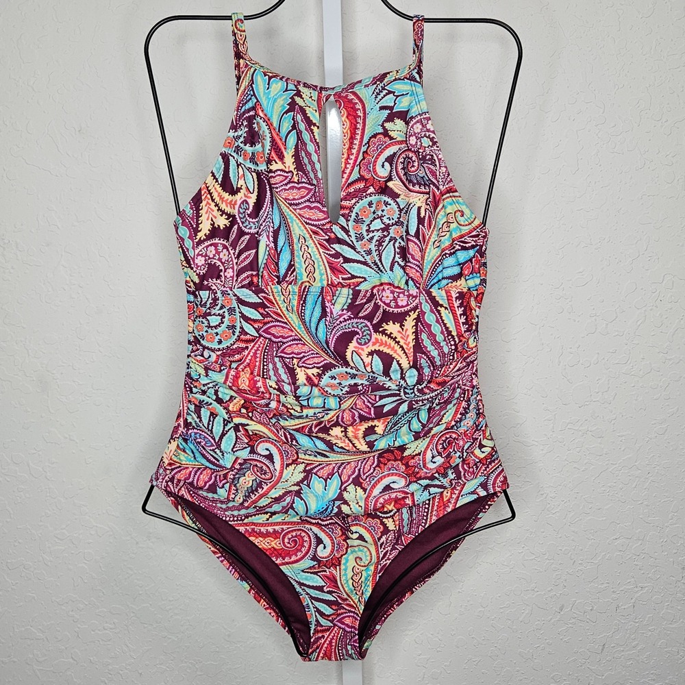 Ellen Tracy Womens Paisley High Neck Keyhole One Piece Swimsuit Multicolor 8